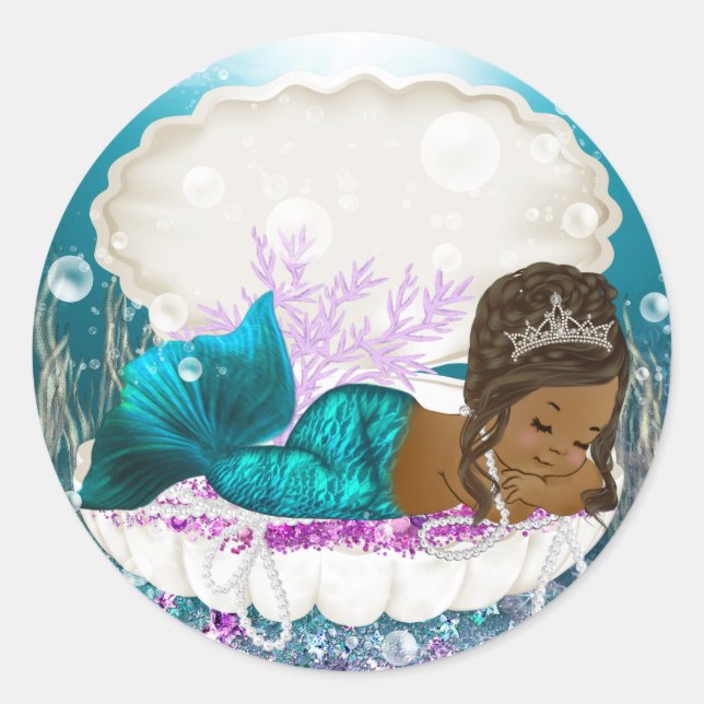 Pegatinas de Baby Shower, Chica de sirenas afroame (Anverso)