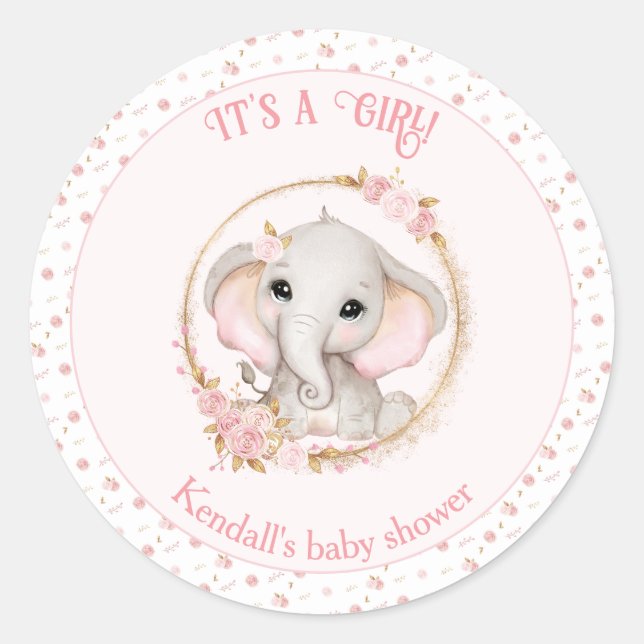 Pegatinas de Baby Shower de elefante rosa lindo Ch (Anverso)