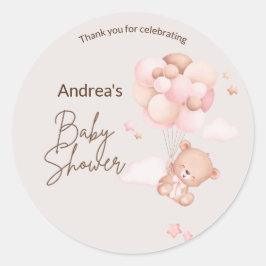 Pegatinas de Baby Shower de oso y globos rosados
