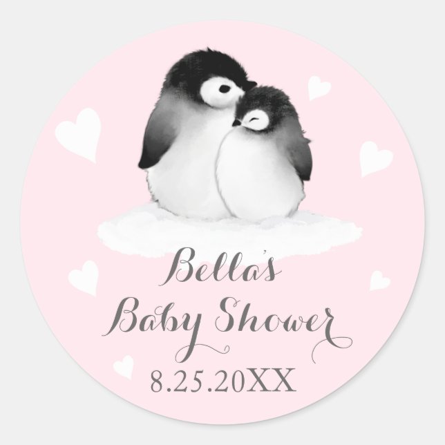 Pegatinas de Baby Shower de Pingüinos Rosados (Anverso)