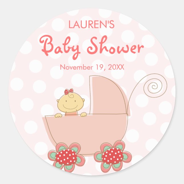Pegatinas de Baby Shower del Chica de Pram Rosa de (Anverso)