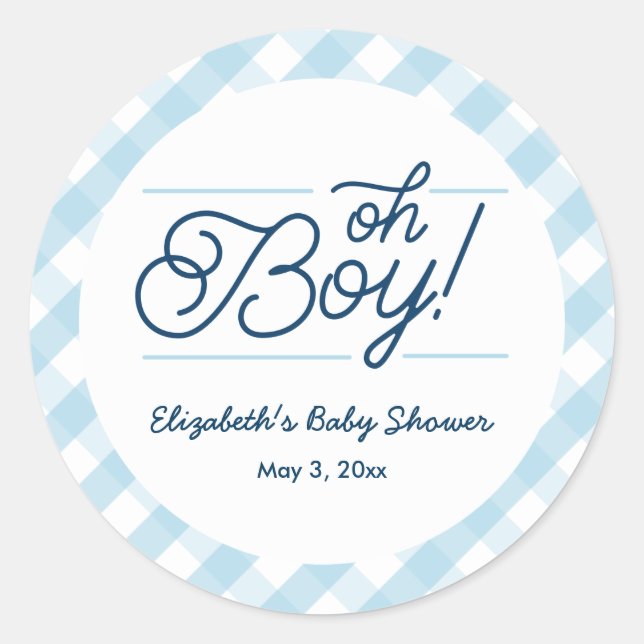 Pegatinas de Baby Shower "Oh Boy" de Blue Gingham (Anverso)