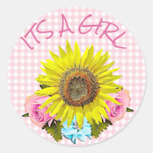Pegatinas de BABY SHOWER Pink Gingham Sunflower