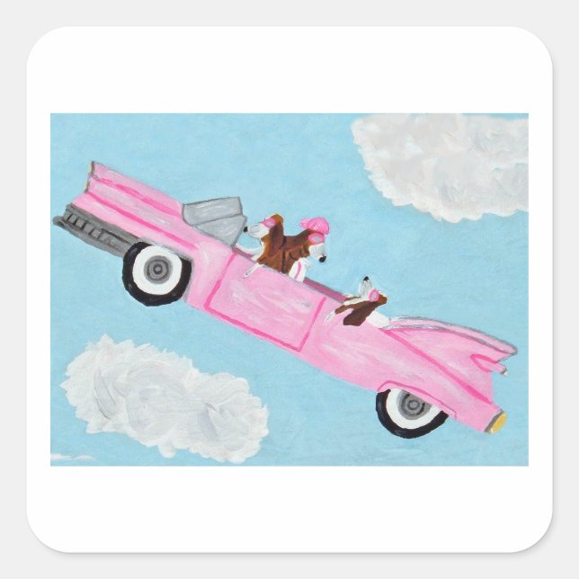 Pegatinas de Basset Hounds en convertible rosa (Anverso)