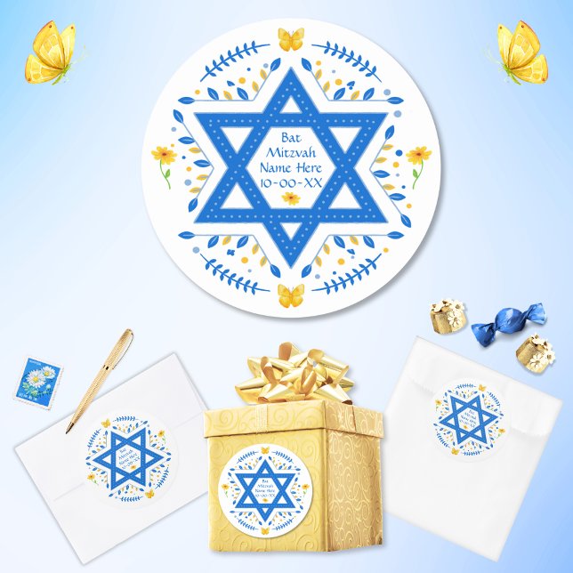 Pegatinas de Bat Mitzvah, Suministros Fiestas de B (Bat Mitzvah Stickers. Bat Mitzvah party supplies. Blue, White and Golden Yellow, Bat Mitzvah Theme. )