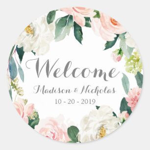 Pegatinas de bienvenida Boda de flores rosadas