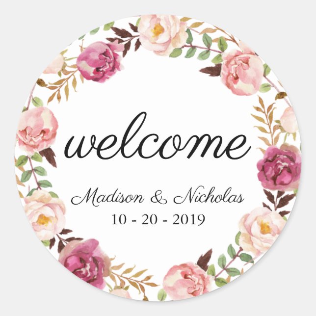 Pegatinas De Bienvenida Boda Rústico De Flores Ros (Anverso)