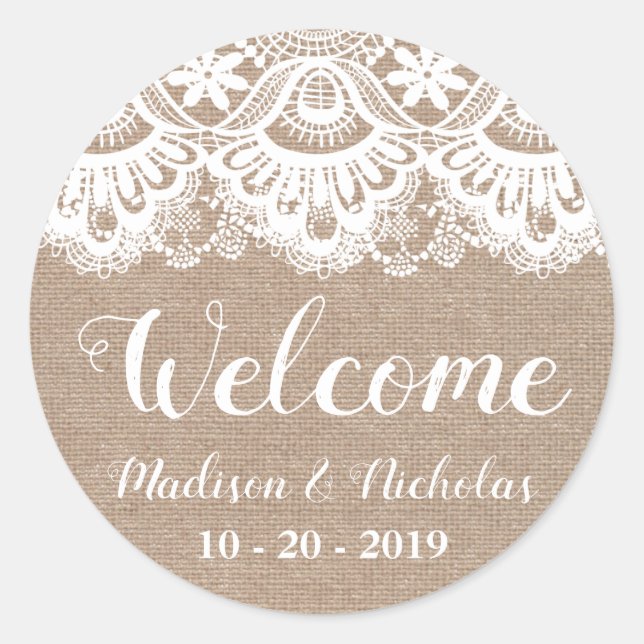 Pegatinas de bienvenida de Burlap y Boda de Lace,  (Anverso)