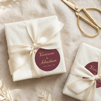 Pegatinas de boda con letra dorada y burdeos elega