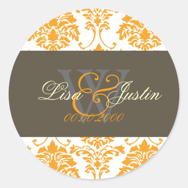 Pegatinas de boda con monograma Damask naranja (Anverso)