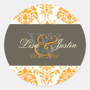 Pegatinas de boda con monograma Damask naranja