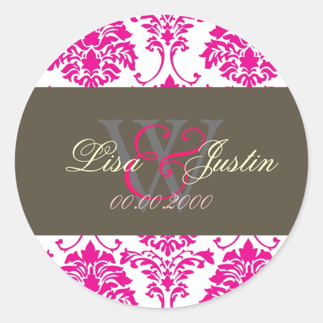 Pegatinas de boda con monograma de Damasco Rosa (Anverso)