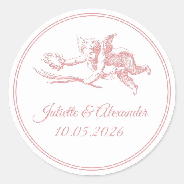 Pegatinas de boda Cupido Blush Toile de Jouy (Anverso)