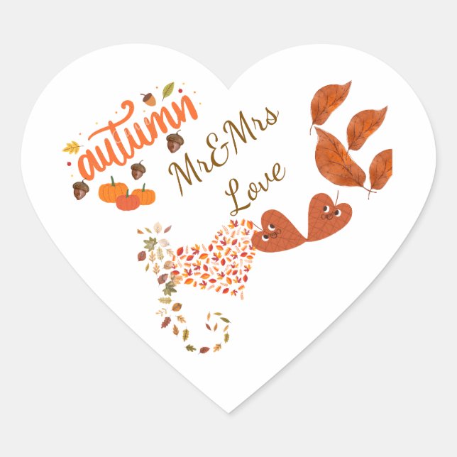 Pegatinas de boda de corazón de otoño Sr y Sra Amo (Anverso)
