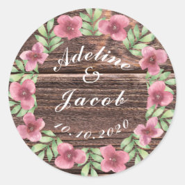 Pegatinas de boda de escritura floral de madera rú