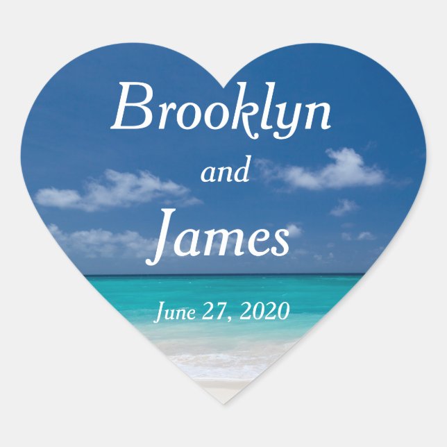 Pegatinas de boda de Heart Blue Beach (Anverso)
