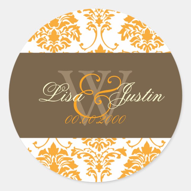 pegatinas de boda en monograma de Damask naranja (Anverso)