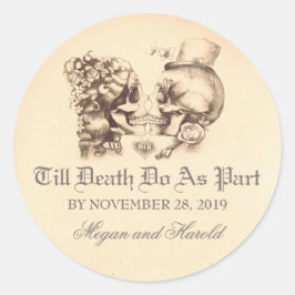 Pegatinas de bodas antiguas de un par de cráneos