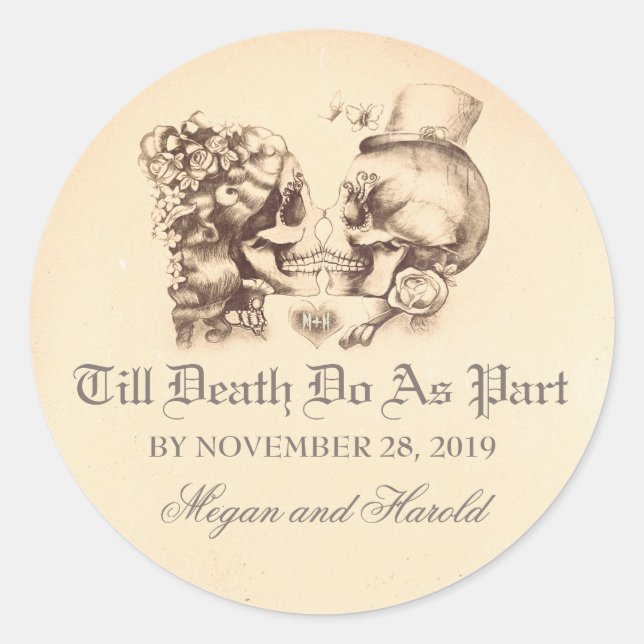 Pegatinas de bodas antiguas de un par de cráneos (Anverso)