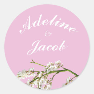 Pegatinas de bodas con escritura floral rosa y bla