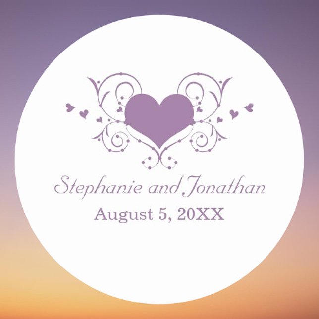 Pegatinas de bodas con sabor cardíaco, morado (Heart Flourish Wedding Stickers | Purple)