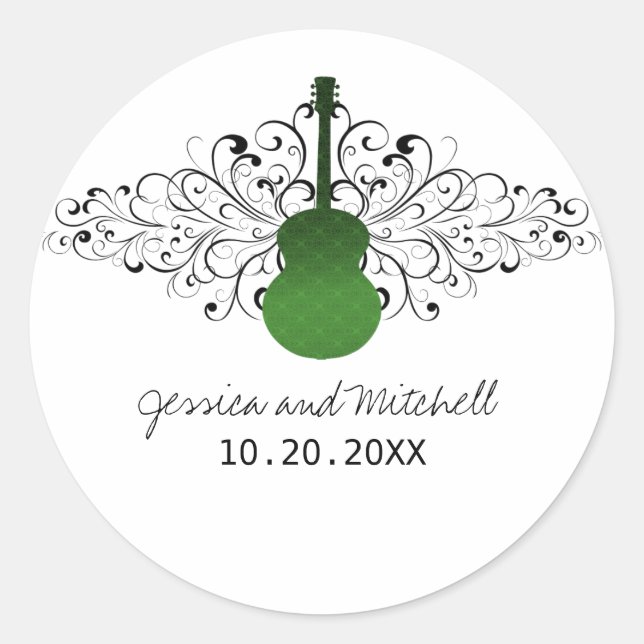 Pegatinas de bodas de guitarra de Swirls verdes (Anverso)