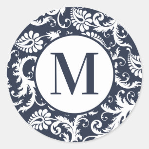 Pegatinas de bodas de monograma Aqua Damask brilla
