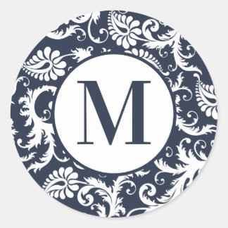 Pegatinas de bodas de monograma Aqua Damask brilla