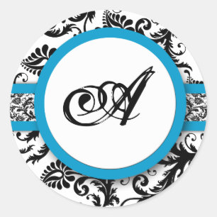 Pegatinas de bodas de monograma Aqua Damask brilla