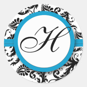 Pegatinas de bodas de monograma Aqua Damask brilla