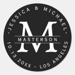 Pegatinas de bodas de monograma clásico negro y bl