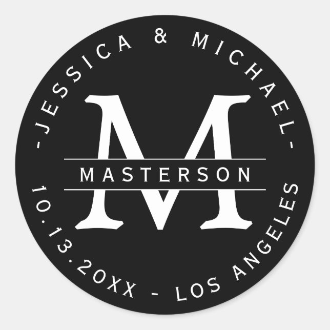 Pegatinas de bodas de monograma clásico negro y bl (Anverso)
