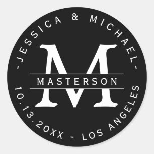 Pegatinas de bodas de monograma clásico negro y bl