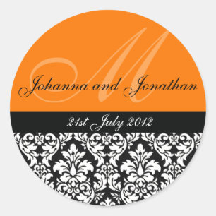 Pegatinas de bodas de monograma de Damask naranja