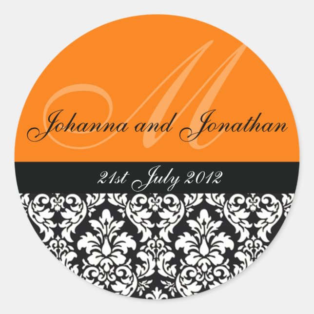 Pegatinas de bodas de monograma de Damask naranja (Anverso)