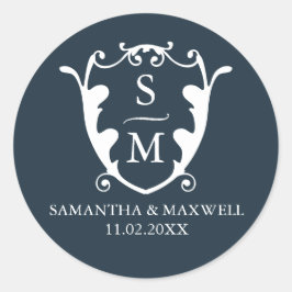 Pegatinas de bodas de monograma de Escudo azul de 