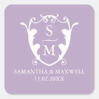 Pegatinas de bodas de monograma Escudo púrpura Lil