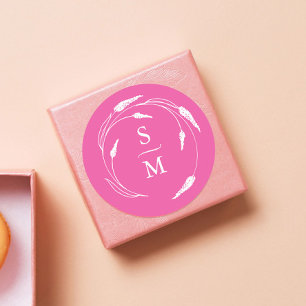Pegatinas de bodas de monograma rosa de Fuchsia