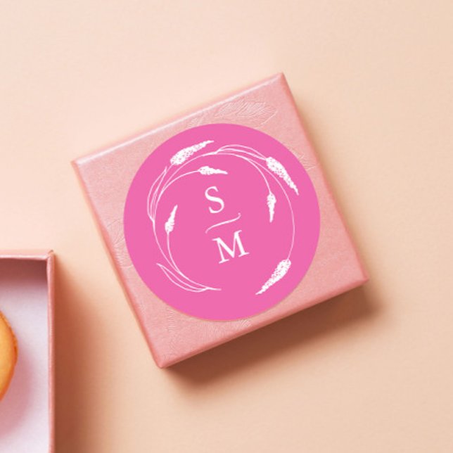 Pegatinas de bodas de monograma rosa de Fuchsia (Wedding monogram favor stickers fuchsia pink floral line art by Victoria Grigaliunas Do Tell A Belle)