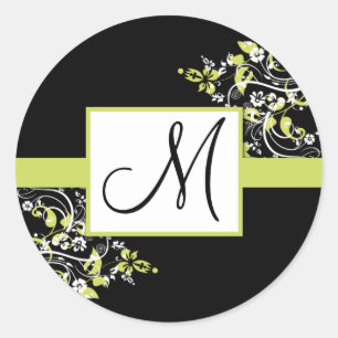 Pegatinas de bodas de monograma verde negro y limó