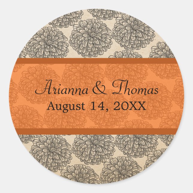 Pegatinas de bodas de zinnia vintage, mandarina (Anverso)