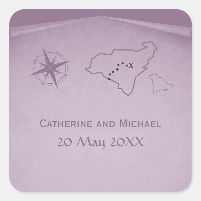 Pegatinas de bodas del mapa del tesoro, morado (Anverso)