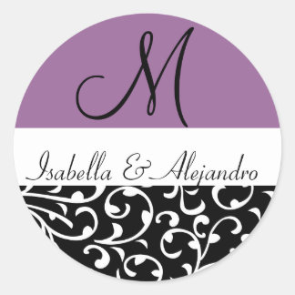 Pegatinas de bodas en monograma de malla morada