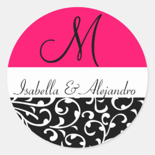 Pegatinas de bodas en monograma de Swirl Damask de