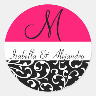 Pegatinas de bodas en monograma de Swirl Damask de