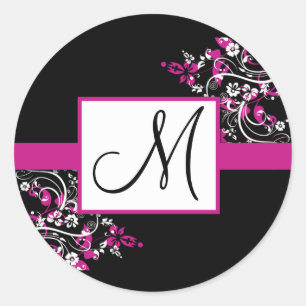 Pegatinas de bodas en monograma negro y fucsia