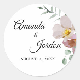 Pegatinas de bodas florales rosas y malvas