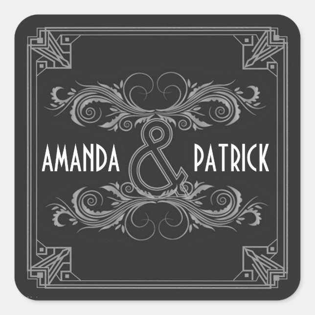 Pegatinas de bodas negras y plateadas Art Deco (Anverso)