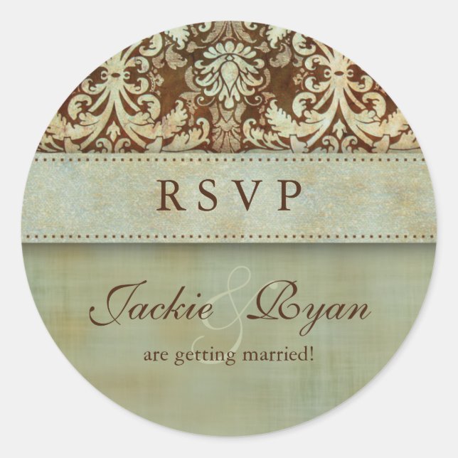 Pegatinas de bodas RSVP Damask Green Vintage (Anverso)