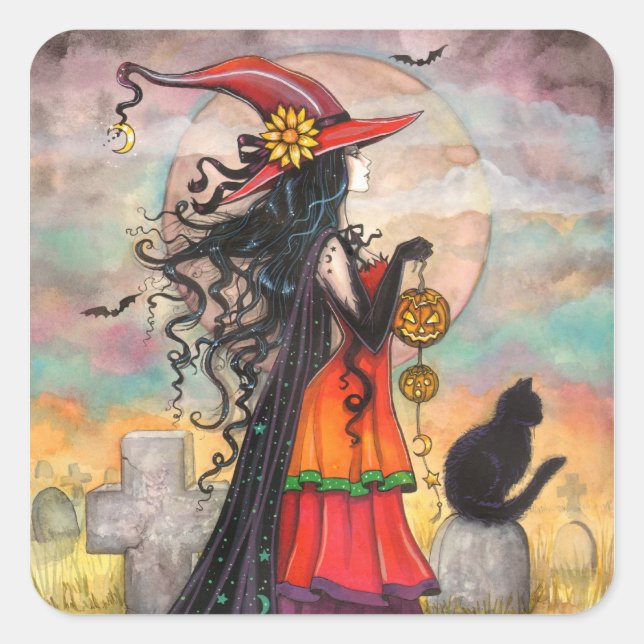 Pegatinas de Bruja de Halloween y Gato Negro (Anverso)